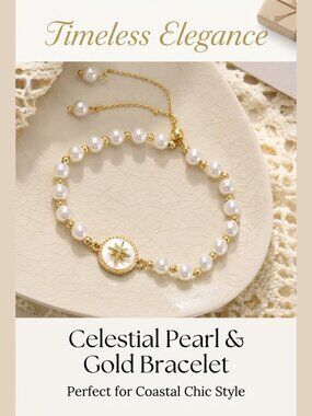 Chic Faux Pearl & Gold Tone Adjustable Pull Beaded Bracelet Star Talisman Rose